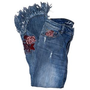 Inc Denim Distressed Crop Capri Fringe Hem Jean with Rose Embroidery